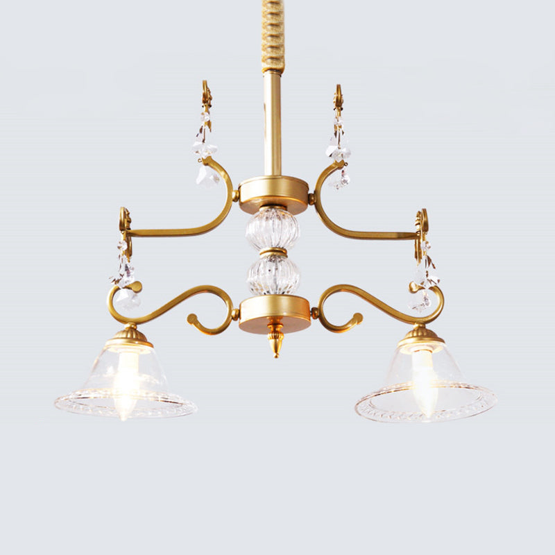 Traditional Gold Bell Hanging Chandelier With Clear Crystal Glass - 2 Lights For Dining Room Ceiling