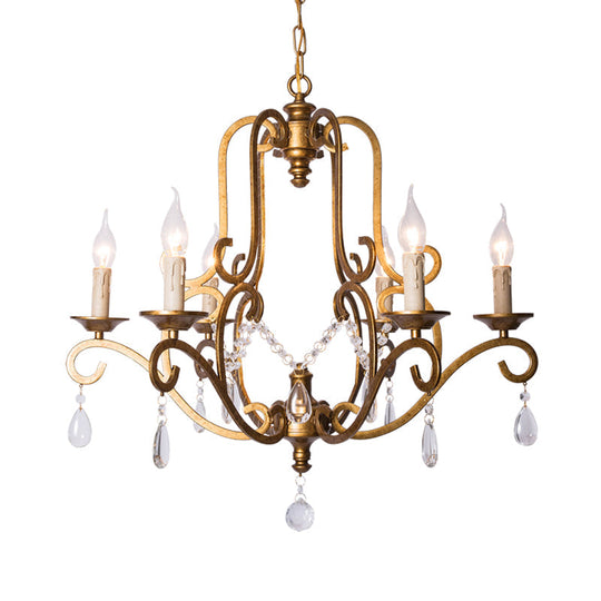 Retro Gold Pendant Chandelier With Crystal Draping - 6 Light Metal Candle Fixture