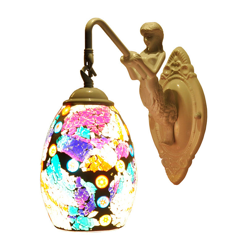 Tiffany Style Mermaid Deco Wall Sconce: White Dome Light With Blue/Purple Stained Glass Purple