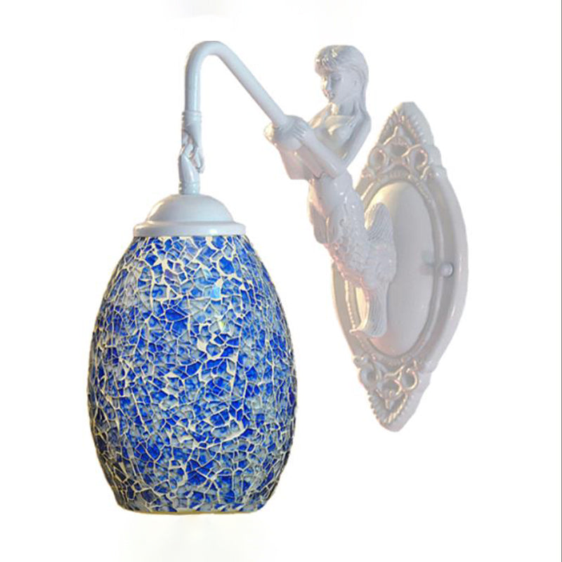 Tiffany Style Mermaid Deco Wall Sconce: White Dome Light With Blue/Purple Stained Glass Blue
