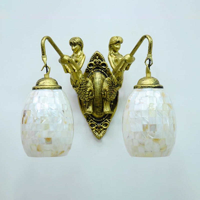 Baroque 2-Light Dome/Globe Shell Vanity Sconce - White/Brass Bathroom Light Fixture 10/11 H