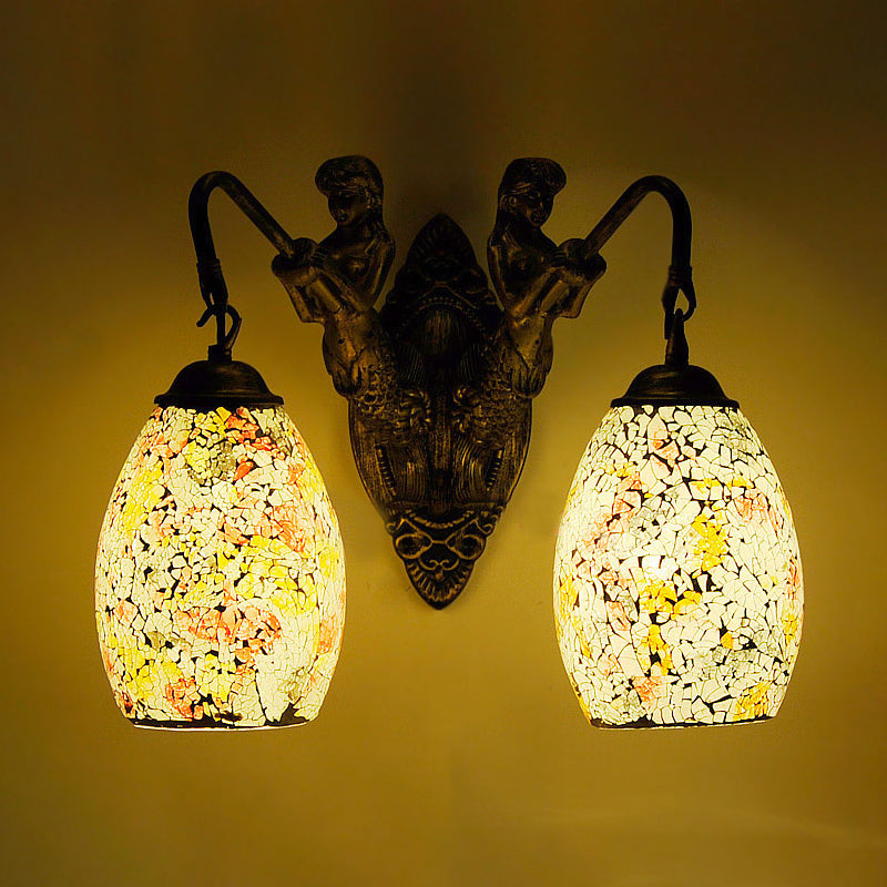 Mediterranean Mermaid Wall Lamp - Hand Cut Glass 2 Lights White/Red/Yellow Sconce Fixture
