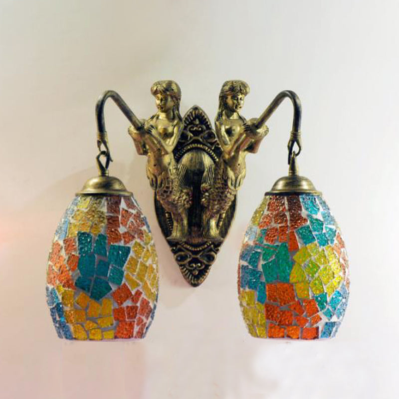 Mediterranean Mermaid Wall Lamp - Hand Cut Glass 2 Lights White/Red/Yellow Sconce Fixture Blue