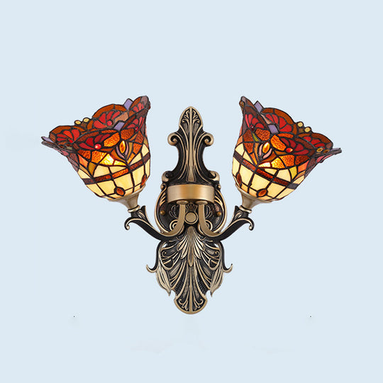 Tiffany Style Cut Glass Wall Sconce With Blossom/Domed Design - White/Red/Yellow 2 Lights Curved Arm
