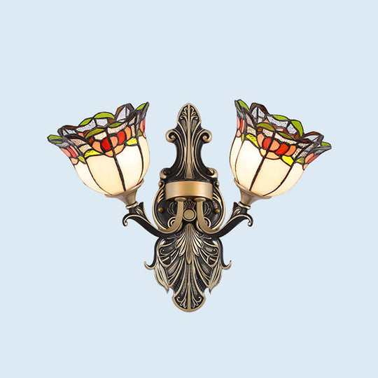 Tiffany Style Cut Glass Wall Sconce With Blossom/Domed Design - White/Red/Yellow 2 Lights Curved Arm