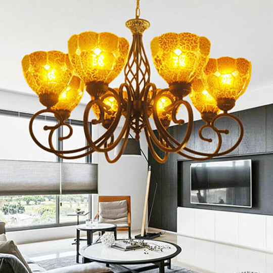 Curved Arm Tiffany Tan Crackle Glass Chandelier - 8 Lights - Gold Pendant Lamp