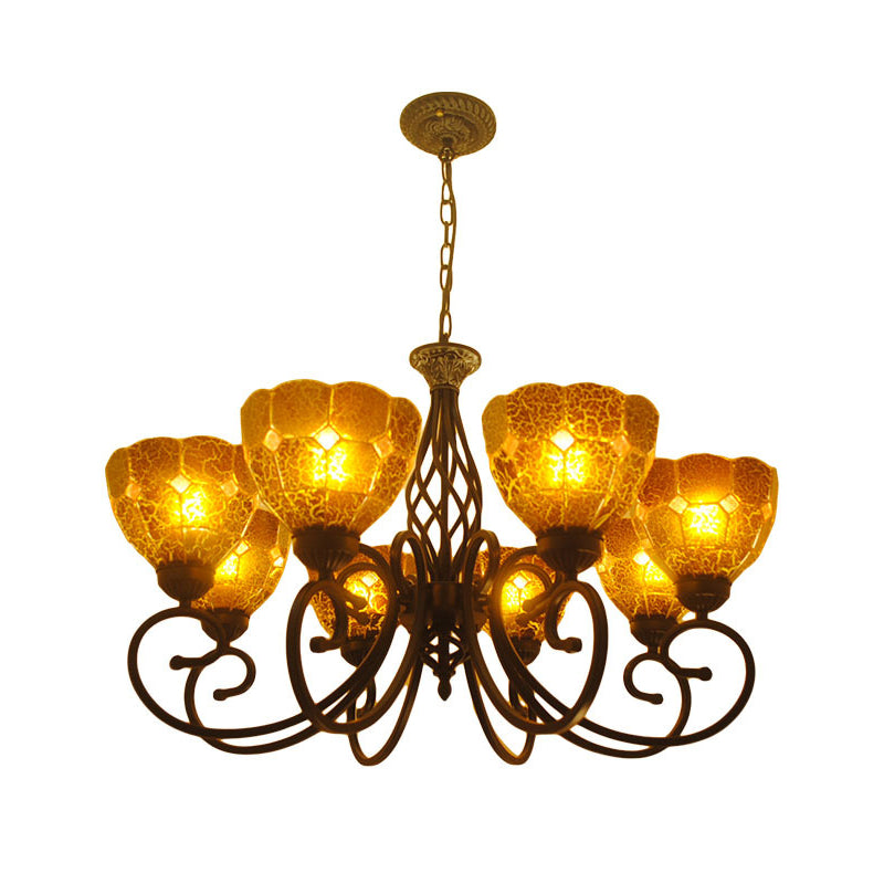 Tiffany Tan Crackle Glass Chandelier - Curved Arm Pendant Lamp With 8 Lights