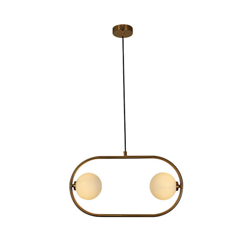 Modernist Gold Ball Chandelier Light with Milk Glass Shades - 2 Heads Pendant Fixture