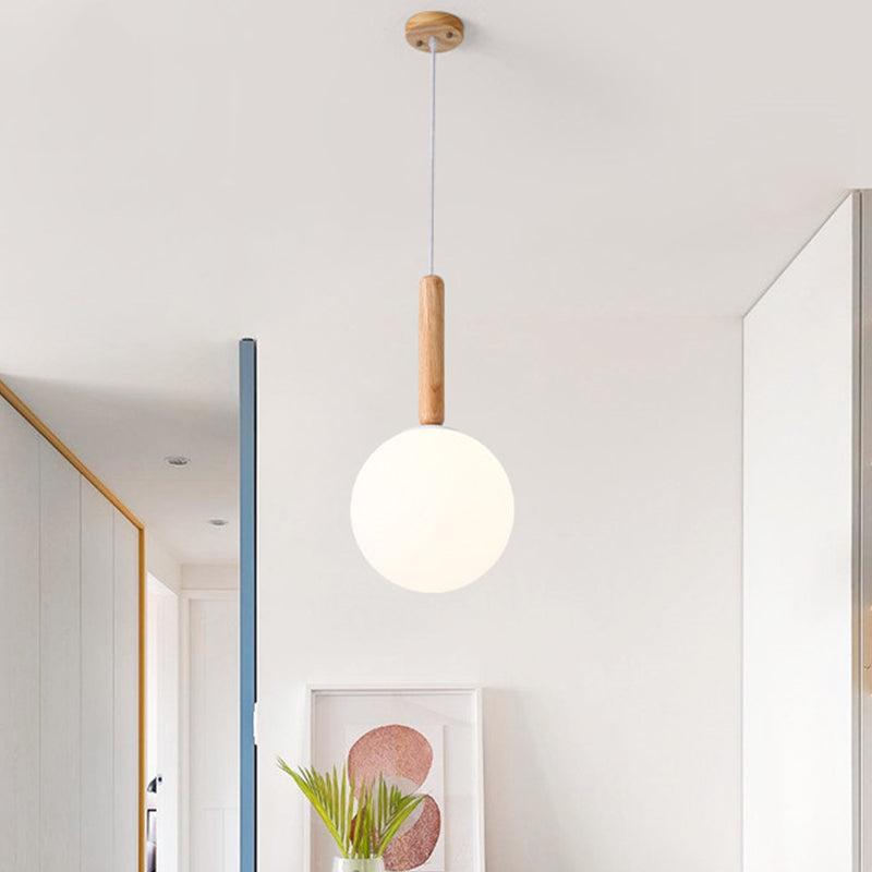 Globe Pendant Light - Asian White Glass 6/7 Wide Wood Ceiling Lamp