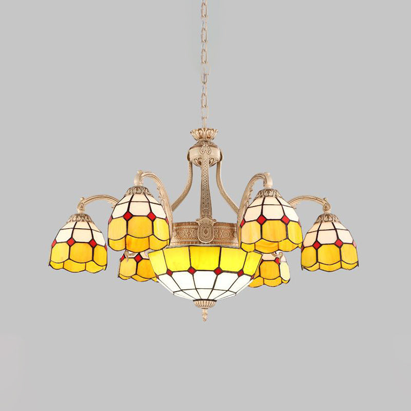 Baroque Style Chandelier with 9/11 Hand-cut Glass Pendant Lights in Yellow/Blue Grid Pattern for Bedroom