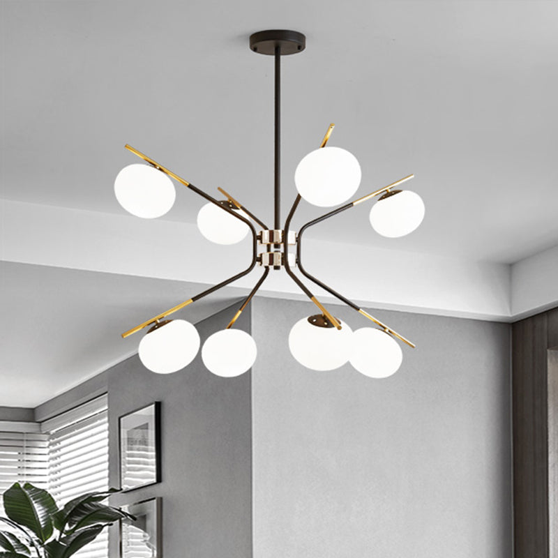 Modern Sputnik Pendant Chandelier - Black/Gold Finish, 8-Light Metal Hanging Ceiling Lamp with White Frosted Glass Shade