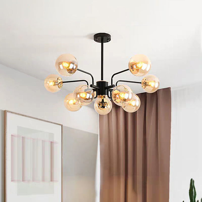 Contemporary Amber Glass Chandelier - 10-Bulb Sphere Pendant Ceiling Light in Black for Living Room