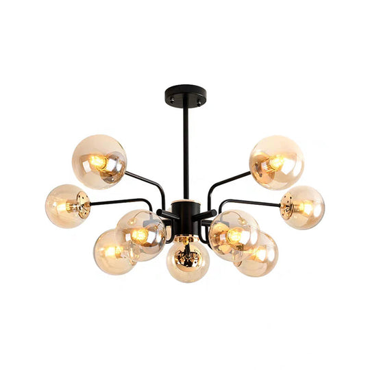 Contemporary Amber Glass Chandelier - 10-Bulb Sphere Pendant Ceiling Light in Black for Living Room