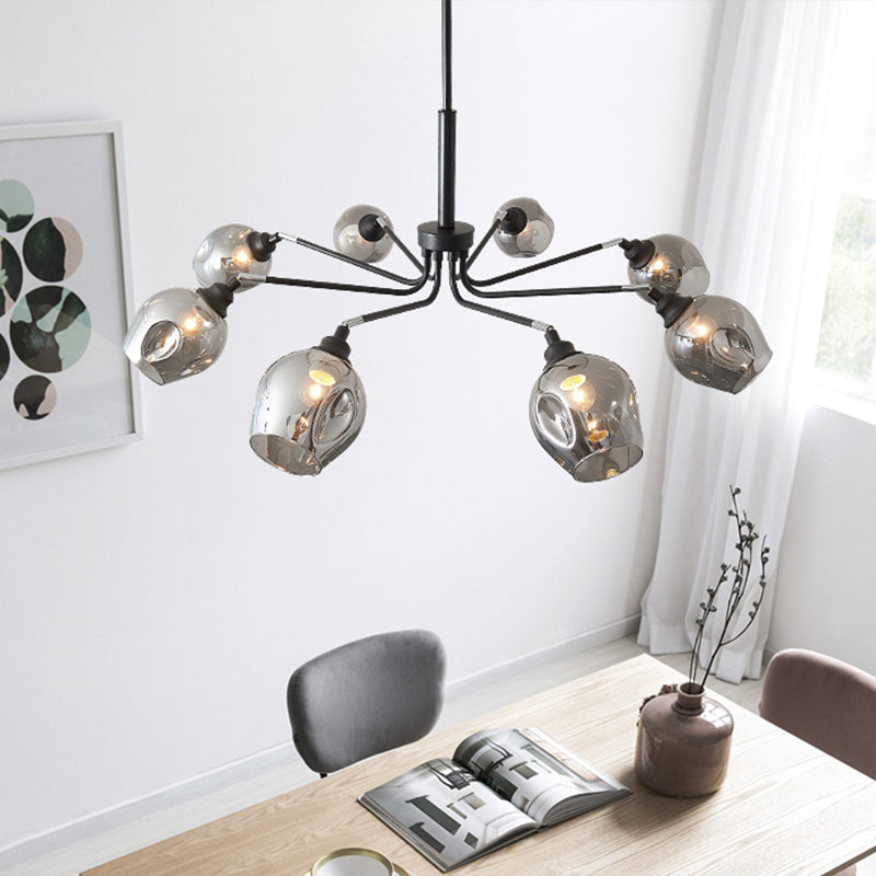 Modernist Cup Shape Chandelier - Smoke Grey Glass with 8 Lights - Black Pendant Lamp for Living Room