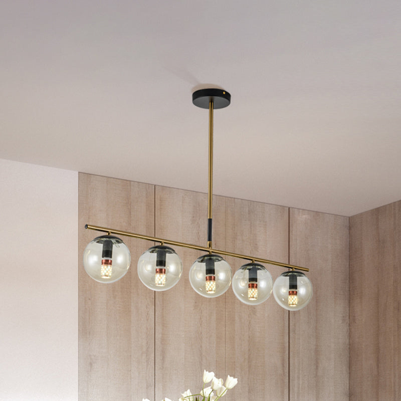 Modern Brass Pendant Light With 5 Cognac Glass Shades - Linear Dining Room Island Lamp