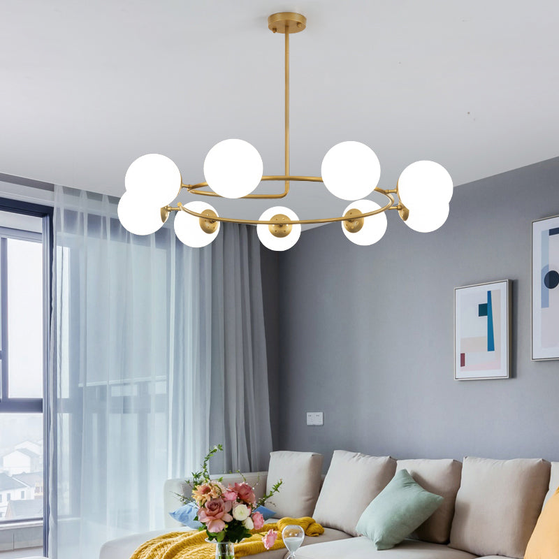Modern Milk Frosted Glass Chandelier Pendant Lamp With 9 Bulbs - Gold Ring Design For Living Room
