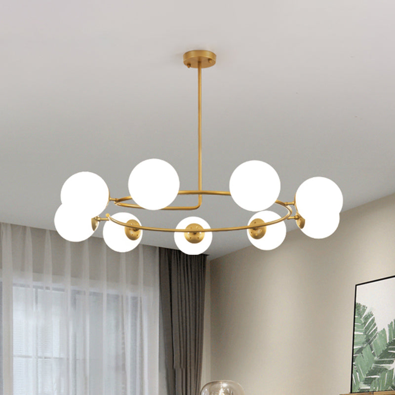Modern Milk Frosted Glass Chandelier Pendant Lamp With 9 Bulbs - Gold Ring Design For Living Room