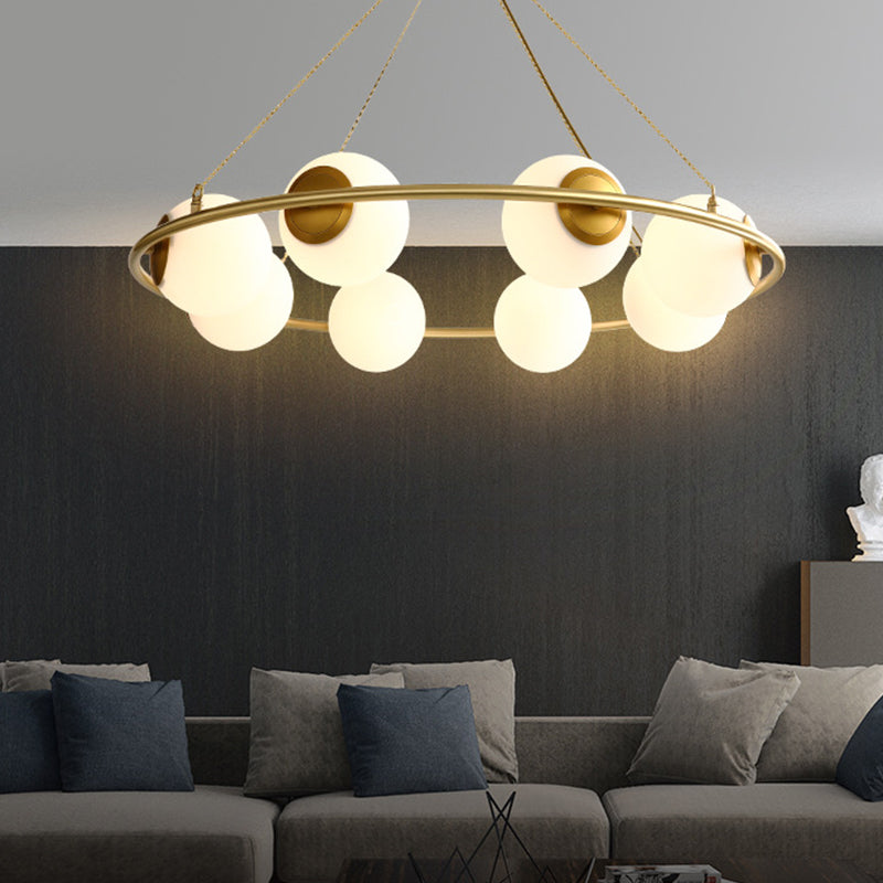 Modern Opal Glass Ball Chandelier - 8-Head Brass Hanging Ceiling Lamp With Elegant Ring Design
