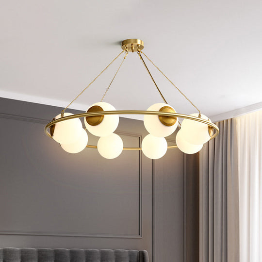 Modern Opal Glass Ball Chandelier - 8-Head Brass Hanging Ceiling Lamp With Elegant Ring Design
