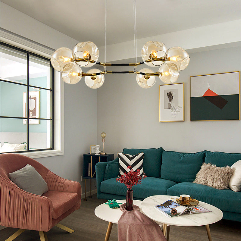 Modernist Gold Chandelier Pendant Light Dimpled Blown Glass - 8 Bulb Living Room Hanging Lamp Kit