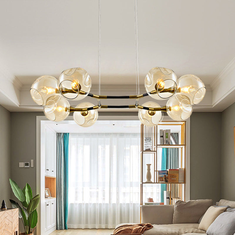 Modernist Gold Chandelier Pendant Light Dimpled Blown Glass - 8 Bulb Living Room Hanging Lamp Kit