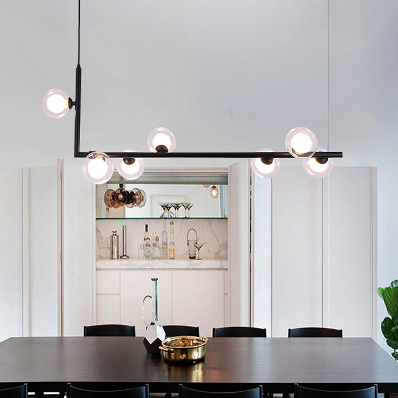 Modern Clear Glass Island Lighting - 7-Light Led Pendant Lamp In Black With Right Angle Arm