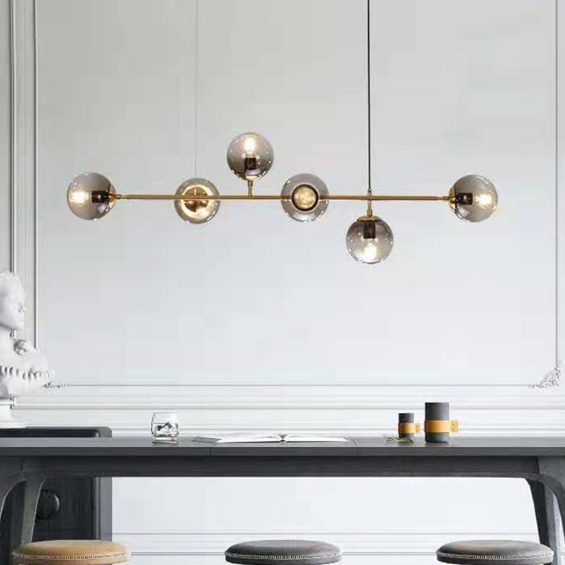 Smoke Gray Glass Hanging Pendant Light With Gold Finish - Modern Linear Design 6 Head Global