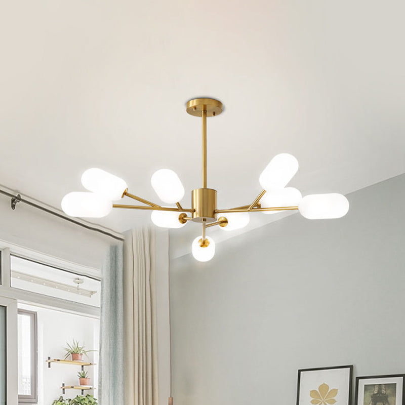 Gold Led Contemporary Bedroom Chandelier Lamp - Milk Frosted Glass 9 Bulbs