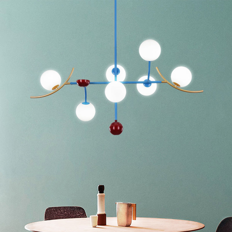 Modern Opal Glass Ball Island Lighting- 7-Light Blue Finish Hanging Lamp Fixture For Dining Room