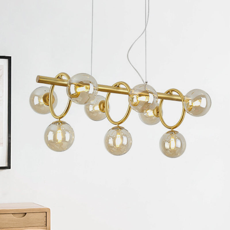 Modern Gold Round Pendant Lighting - 9 Bulb Cognac Glass Led Island Lamp With Linear Design