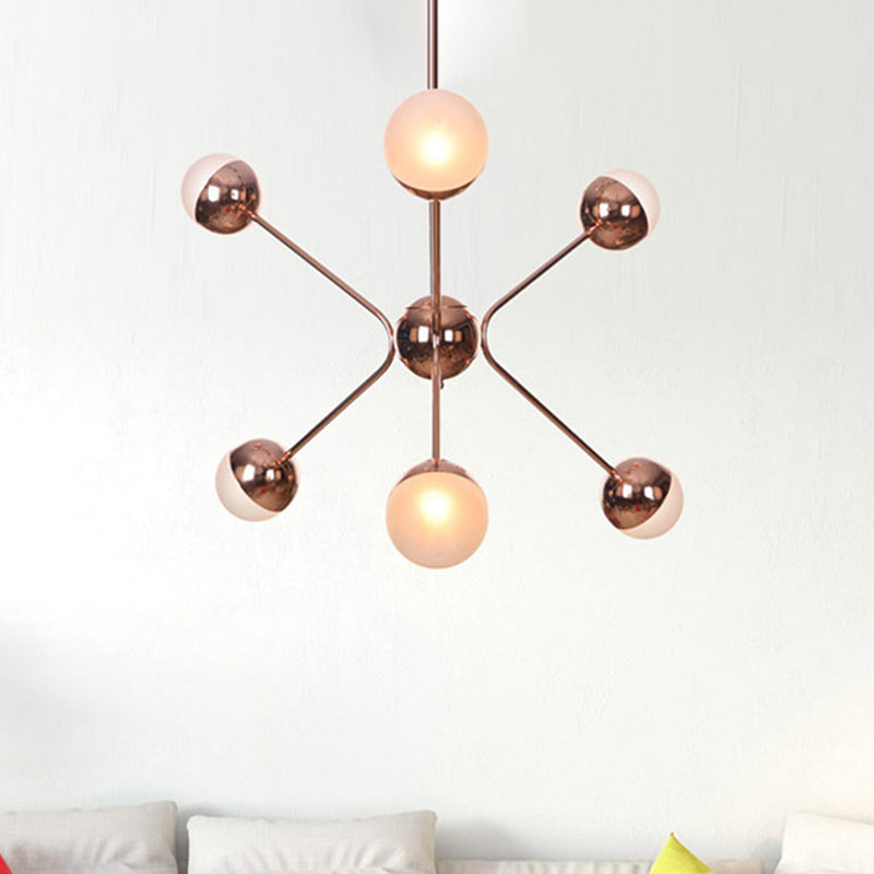 Contemporary Rose Gold Led Chandelier With Amber Glass Shade 6-Light Bedroom Ceiling Lamp