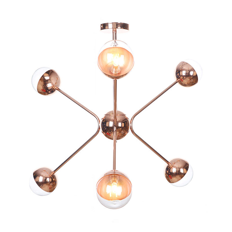 Contemporary Rose Gold Led Chandelier With Amber Glass Shade 6-Light Bedroom Ceiling Lamp