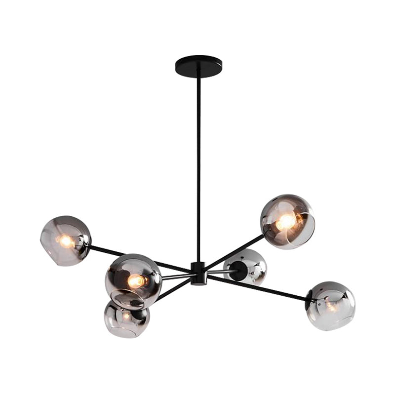 Modern Black Round Chandelier With 6 Grey Glass Pendants - Starburst Design