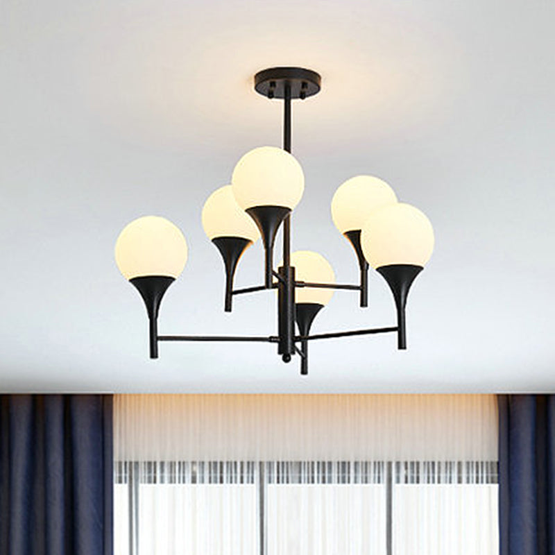 Contemporary Black Chandelier Lamp: Sphere White Glass Hanging Lighting 6 Lights For Living Room
