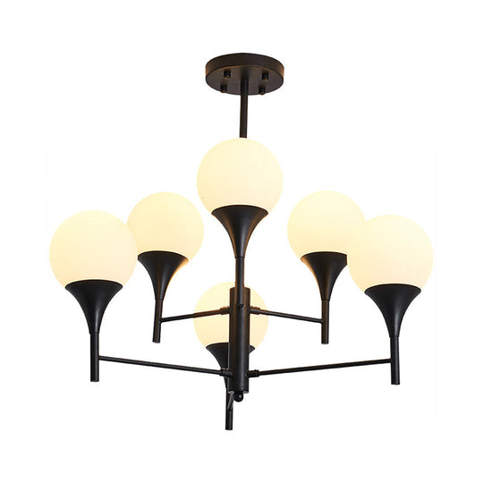 Contemporary Black Chandelier Lamp: Sphere White Glass Hanging Lighting 6 Lights For Living Room