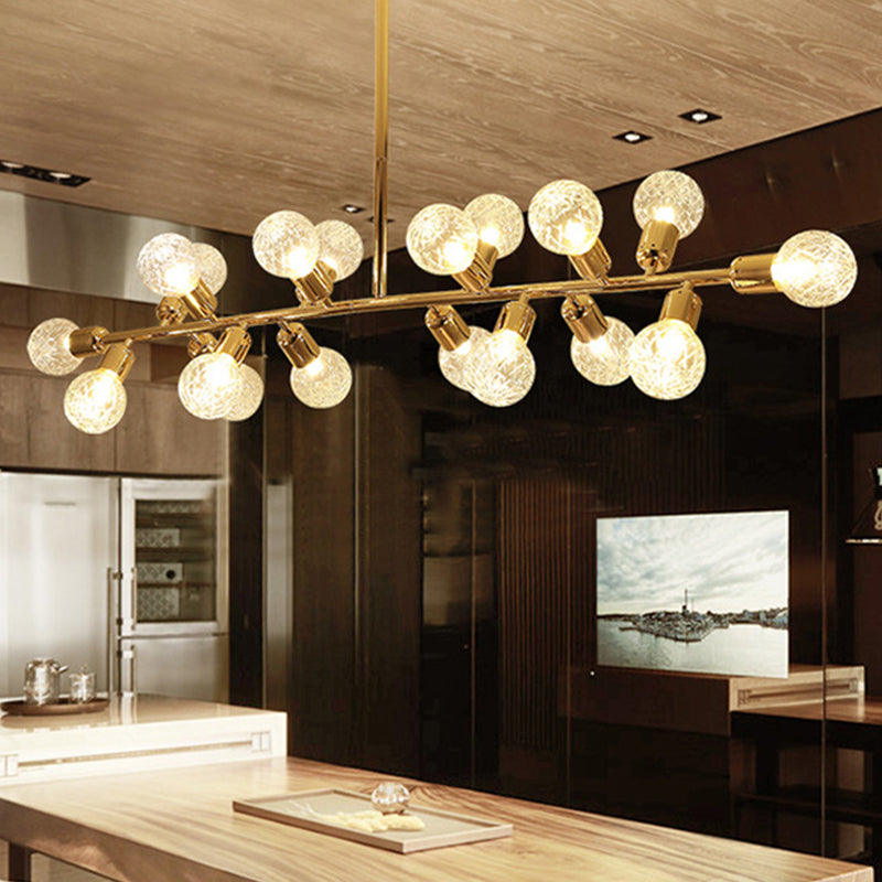 Contemporary Gold Linear Led Island Lighting - 18 Lights Hanging Ceiling Lamp With Ribbing Glass