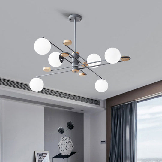 Modern 6-Head Ball Chandelier With Milky Glass And Black/Grey Finish For Living Room Lighting