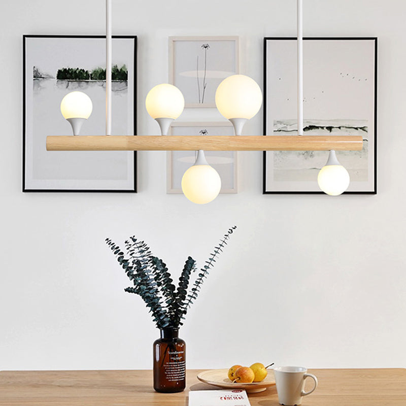 Modern Asian Inspired Hanging Island Lamp With Led Lights - Beige Wood Finish Ideal For Dining Room