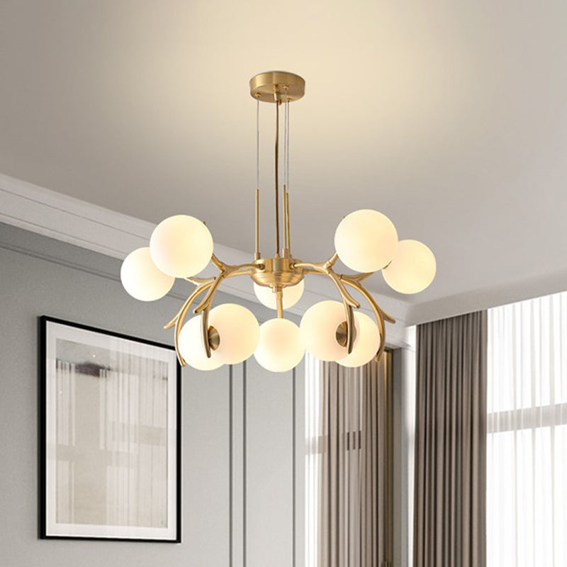 Modern Opal Frosted Glass 10-Head Pendant Chandelier in Gold - Round Hanging Lighting Fixture