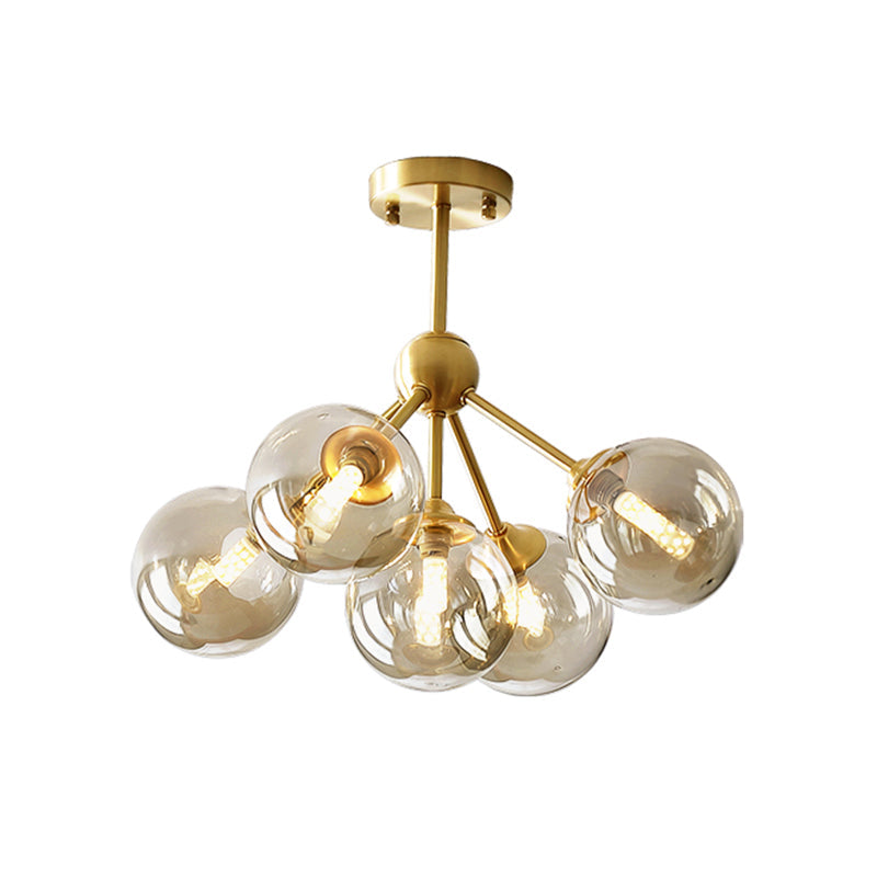 Modern Brass Pendant Chandelier with 5 Orb Amber Glass Shades - Dining Room Hanging Light Kit
