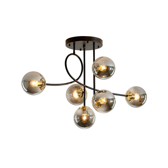 Modern Metal Armed Ceiling Chandelier - 6 Bulb Hanging Light Fixture with Black/Gold Finish and Glass Shades