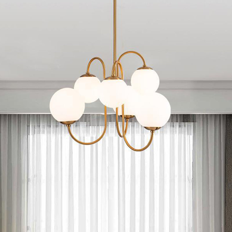 6-Light Gold Round Chandelier With White Glass Shade - Modern Ceiling Pendant Light