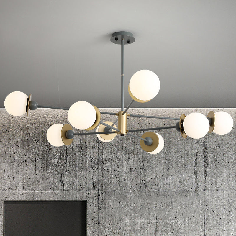 Modern Grey Pendant Chandelier with Opal Frosted Glass Shade - 8 Bulbs Ball Hanging Light Kit