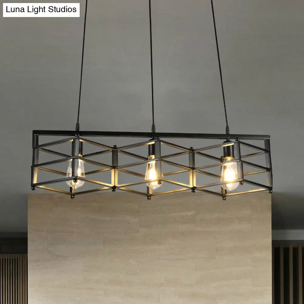 31.5/32 Industrial Metal Island Lighting - 3-Light Dining Room Pendant With Cage Shade Black