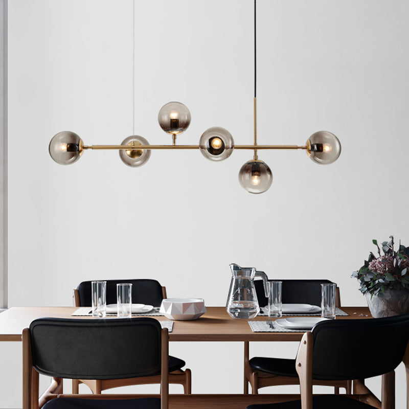 Minimalist Brass Chandelier Lighting With Smoke Gray Glass Shade - 1 Light Dining Room Island Lamp