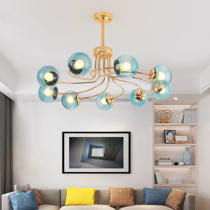 Modern Round Blue/Amber Glass Ceiling Chandelier - 9-Light Gold/Black Hanging Lamp Kit Gold