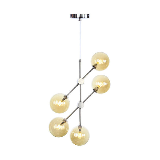Contemporary Round Chandelier Pendant Light - White/Clear/Amber Glass Chrome 5 Lights Amber