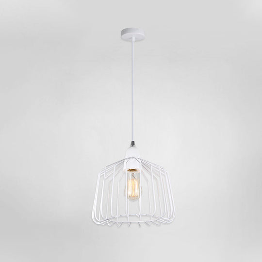 White Metallic Pendulum Light - Minimalist Cage Shade - Bedroom Hanging Lamp Kit