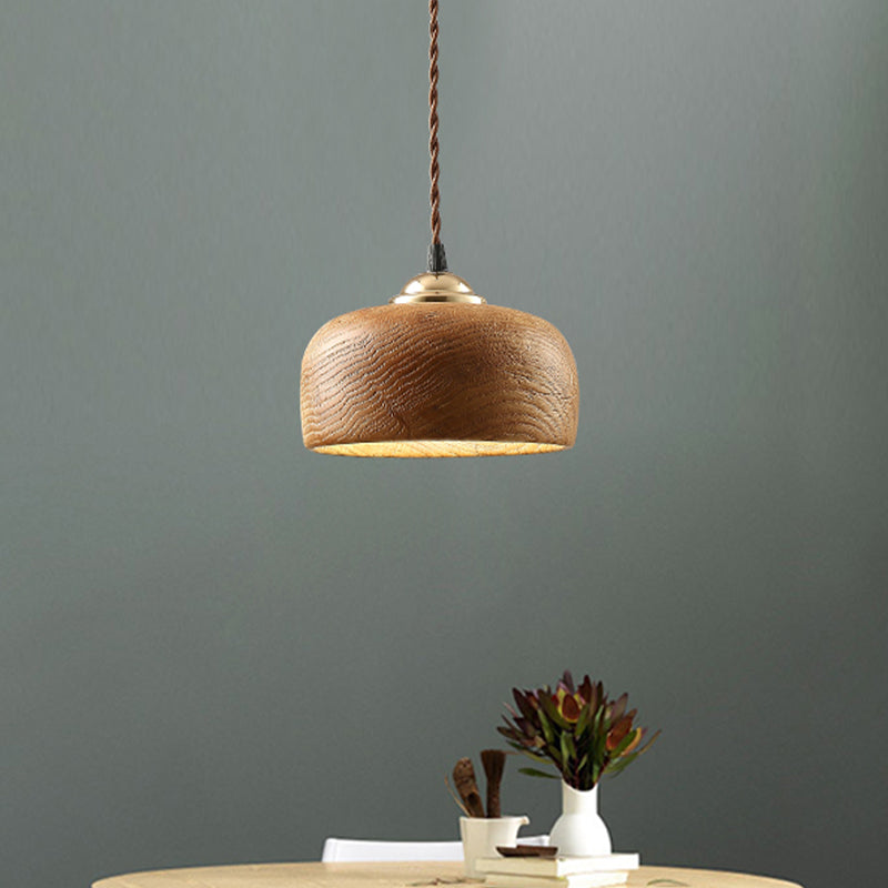 Modern Brown Drum Ceiling Light With Wood Hanging Fixture - Ideal For Dining Room