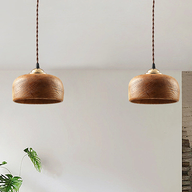 Modern Brown Drum Ceiling Light With Wood Hanging Fixture - Ideal For Dining Room